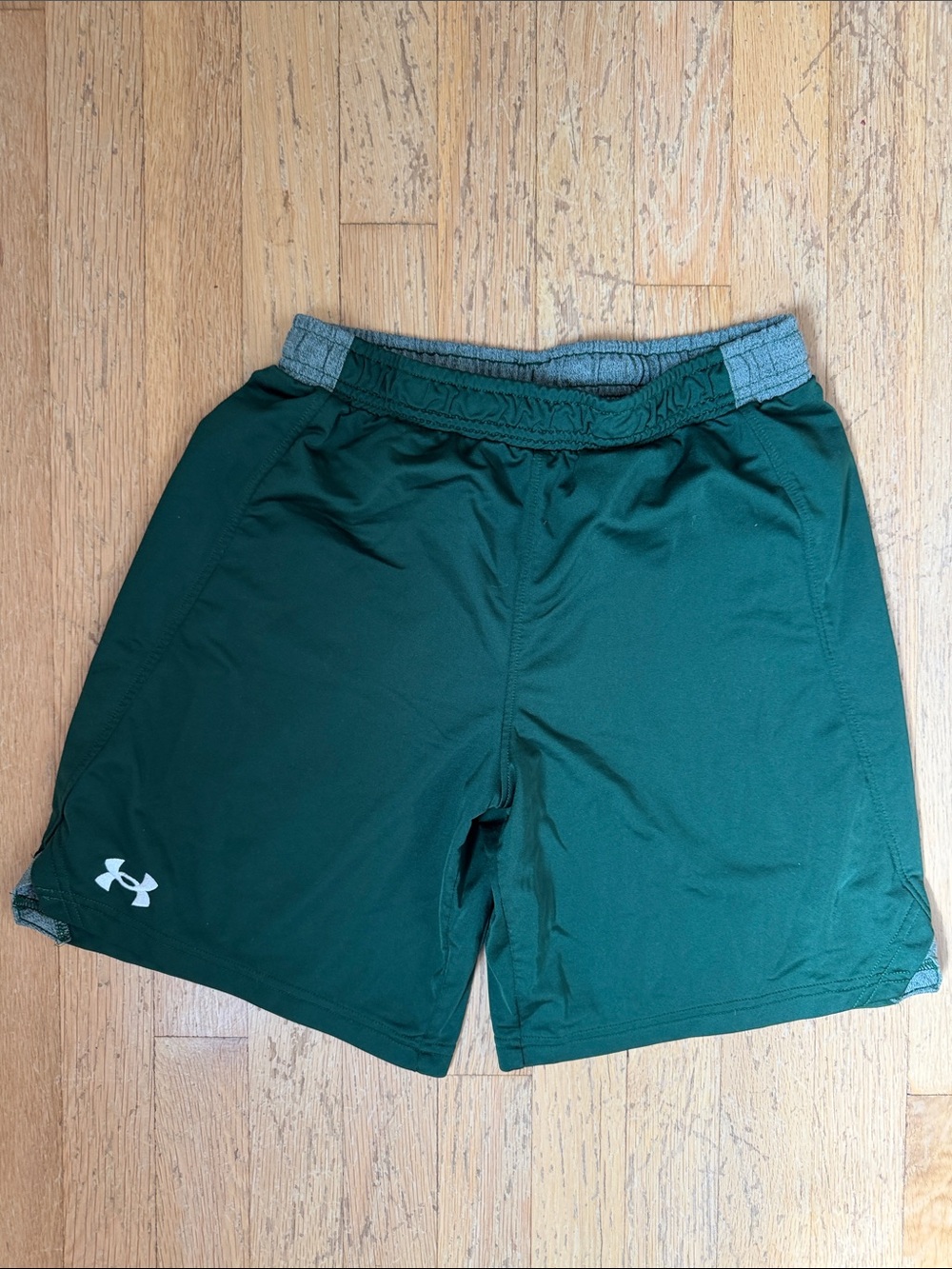Under Armour Dark Green Athletic Shorts with Gray Waistband